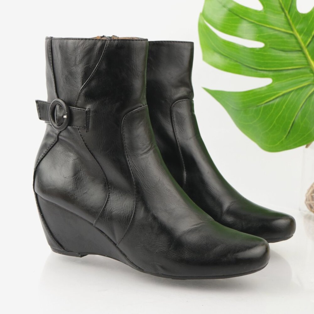 Natural Soul Womens Emma Boot Size 9.5 Black Wedge Heel‎ Booties Buckle Vegan